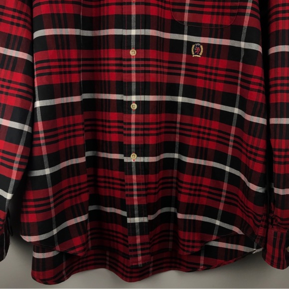VTG Tommy Hilfiger XL Red Tartan Plaid Long Sleeve Button Up Shirt Crest Logo - Picture 6 of 16